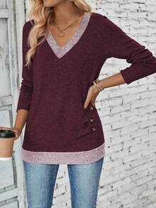 EMERY ROSE Camiseta casual de mujer con cuello en V, manga larga, diseño de botones y fruncido, en color contrastante - Burdeos - Ver 4
