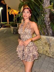 Bearsaez Leopard Print Deep V Neck Backless Ruched Ruched Hem Mini Dress, Simple Casual Resort Elegant Everyday Cocktail Dress For Women, Spring/Summer - Multicolor - View 1