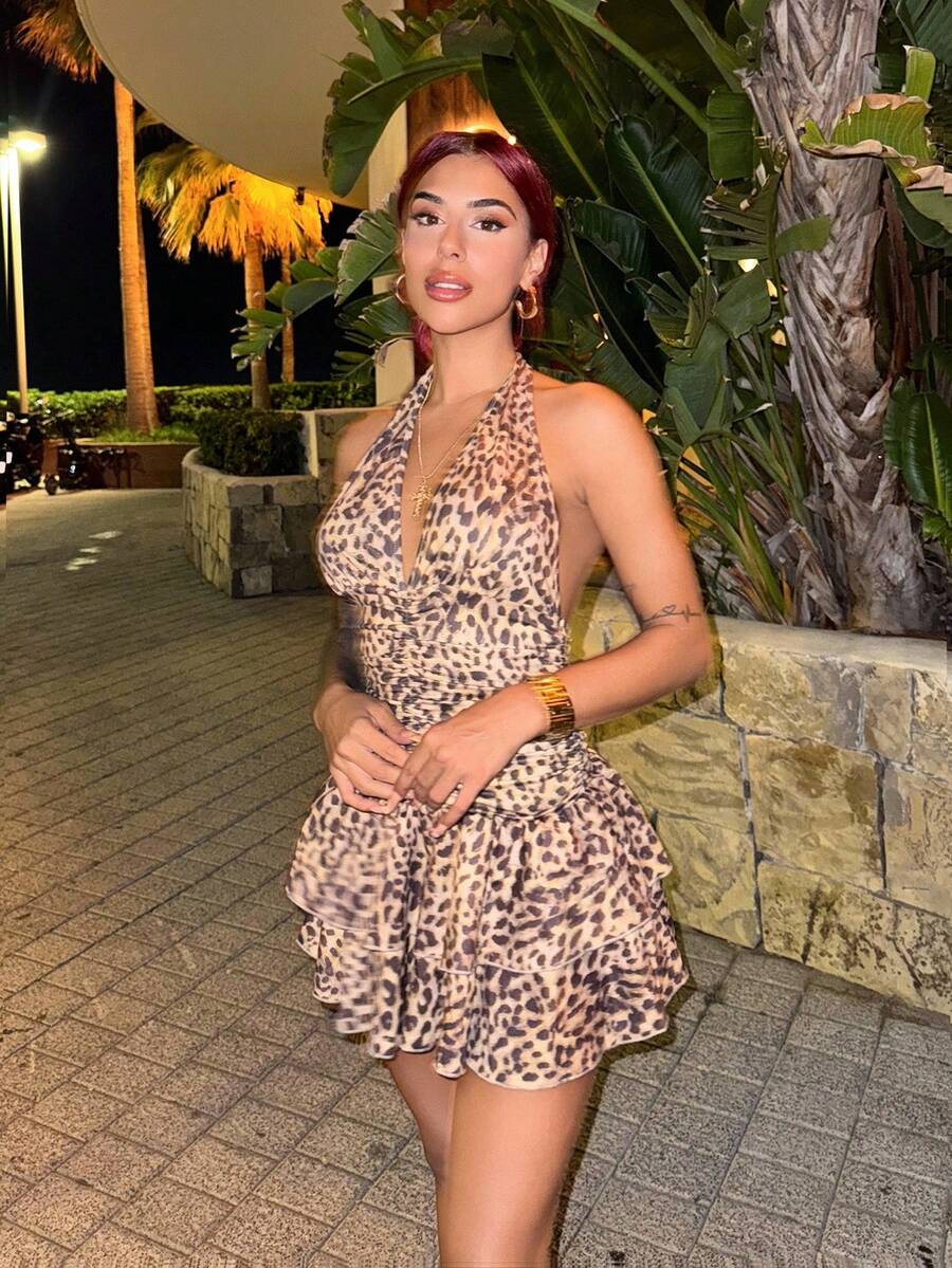 Bearsaez Leopard Print Deep V Neck Backless Ruched Ruched Hem Mini Dress, Simple Casual Resort Elegant Everyday Cocktail Dress For Women, Spring/Summer - Multicolor - View 1