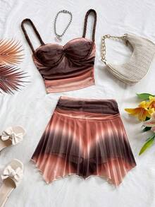 Soleia Women's Pink And Brown Knit Ombre 2 Pieces Set, Summer Boho Vacation Holiday Outfit,Party Date Beach Wedding Season Music Festival Cruise Outfit - Mocha Brown - View 1