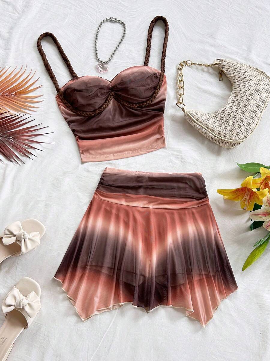 Soleia Women's Pink And Brown Knit Ombre 2 Pieces Set, Summer Boho Vacation Holiday Outfit,Party Date Beach Wedding Season Music Festival Cruise Outfit - Mocha Brown - View 1