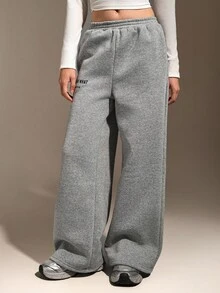 Hanevo Teenager Mädchen Lässige Streetstyle Basis Hose mit Buchstaben Muster in Grau meliert - Grau - Übersicht 3