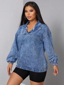 SHEIN SXY Áo khoác denim chui đầu thường ngày cỡ lớn cho nữ - Rửa nhẹ - Xem 4