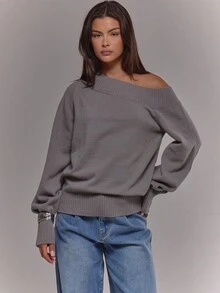 MUSERA 针织罗纹不对称领长袖束口套头衫，适合机场、假日、冬季、日常、优雅晚宴、派对等场合，春季皆宜。 - 灰色 - 查看 5