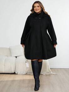 SHEIN CURVE+ 大码女式黑色连帽收腰 A 字型大衣，秋冬休闲风格 - 黑色 - 查看 7