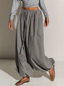 Athîral Women's Plaid Elastic Waist Loose Casual Balloon Pants, Summer - Black - View 4