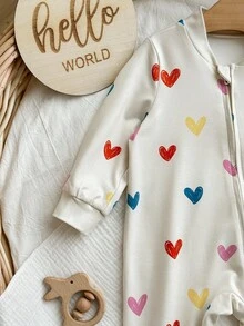 新生女婴可爱休闲针织心形图案长袖连体衣和头带套装 - 白色 - 查看 6