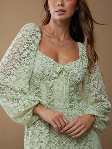 WESTFADE Floral Lace Sweetheart Neck Bow Front Long Puff Sleeve Corset Style Fit And Flare Tiered Ruffle Midi Dress Fall, Autumn, Winter, Boho, Casual Cute, Country Western Wear For Women - Green - View 5