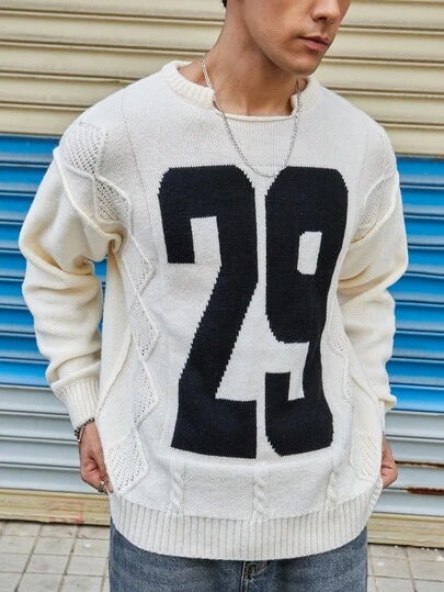 Manfinity CasualKnits 男士休闲时尚街头宽松落肩圆领数字图案毛衣，秋冬