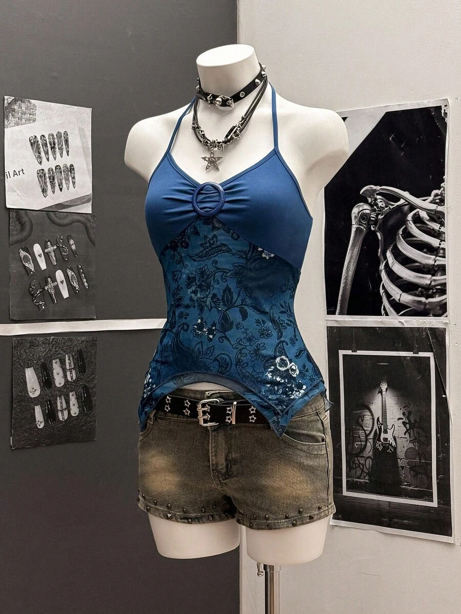 StreetHx Y2K 女式不对称下摆细肩带吊带背心，春夏 - 藍色 - 查看 1