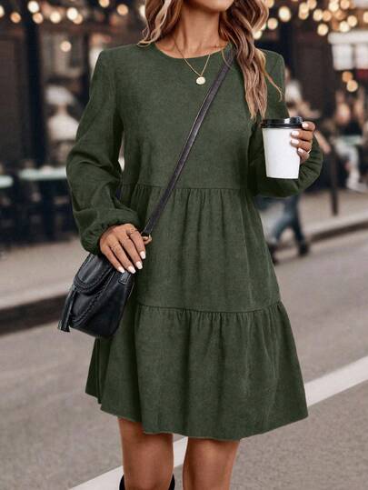 EMERY ROSE Women's Solid Color Round Neck Lantern Sleeve Ruffle Hem Casual Short Dress