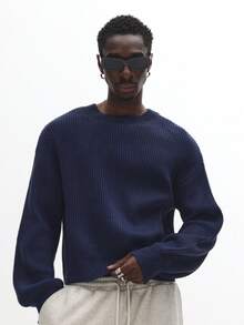 Áo len cổ tròn dáng ngắn SUMWON, chất liệu dệt kim gân, tay phồng, thích hợp mặc mùa đông, kiểu dáng thường ngày, tay dài, trơn. - Màu xanh hải quân - Xem 3