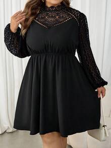 SHEIN CURVE+ 加大码法式休闲黑色雪纺连衣裙，带纹理图案，荷叶边下摆衬衫裙，毕业礼服 - 黑色 - 查看 6