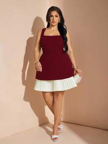 SHEIN BAE Robe romantique et douce pour rendez-vous pour femmes grandes tailles en noir et blanc, pièce superposable avec des détails de dentelle florale contrastés, convient pour le printemps, l'été et l'automne - Rouge foncé - Voir 3