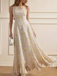 Aveloria Rosie Vestido de fiesta elegante sin mangas con inserción de dobladillo de tela bordada con teñido anudado de colores - Multicolor - Ver 3