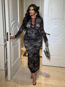 NU&NOW Váy dự tiệc cổ chữ V sâu, viền hoa, ren mỏng gợi cảm cỡ lớn dành cho nữ, thiết kế thời trang cho buổi tối đi chơi, Halloween, Giáng sinh, sinh nhật, thu/đông - màu đen - Xem 4