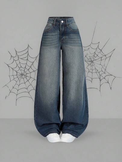 SHEIN ICON 여성용 루즈핏 워싱 블루 와이드 레그 데님 팬츠