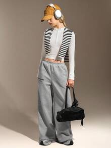 Hanevo Teenager Mädchen Lässige Streetstyle Basis Hose mit Buchstaben Muster in Grau meliert - Grau - Übersicht 5