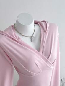 SHEIN Unity 女士深V领卫衣，褶皱腰设计，修身版型，长袖，可爱甜美美式风格，适合秋冬 - 粉色 - 查看 1