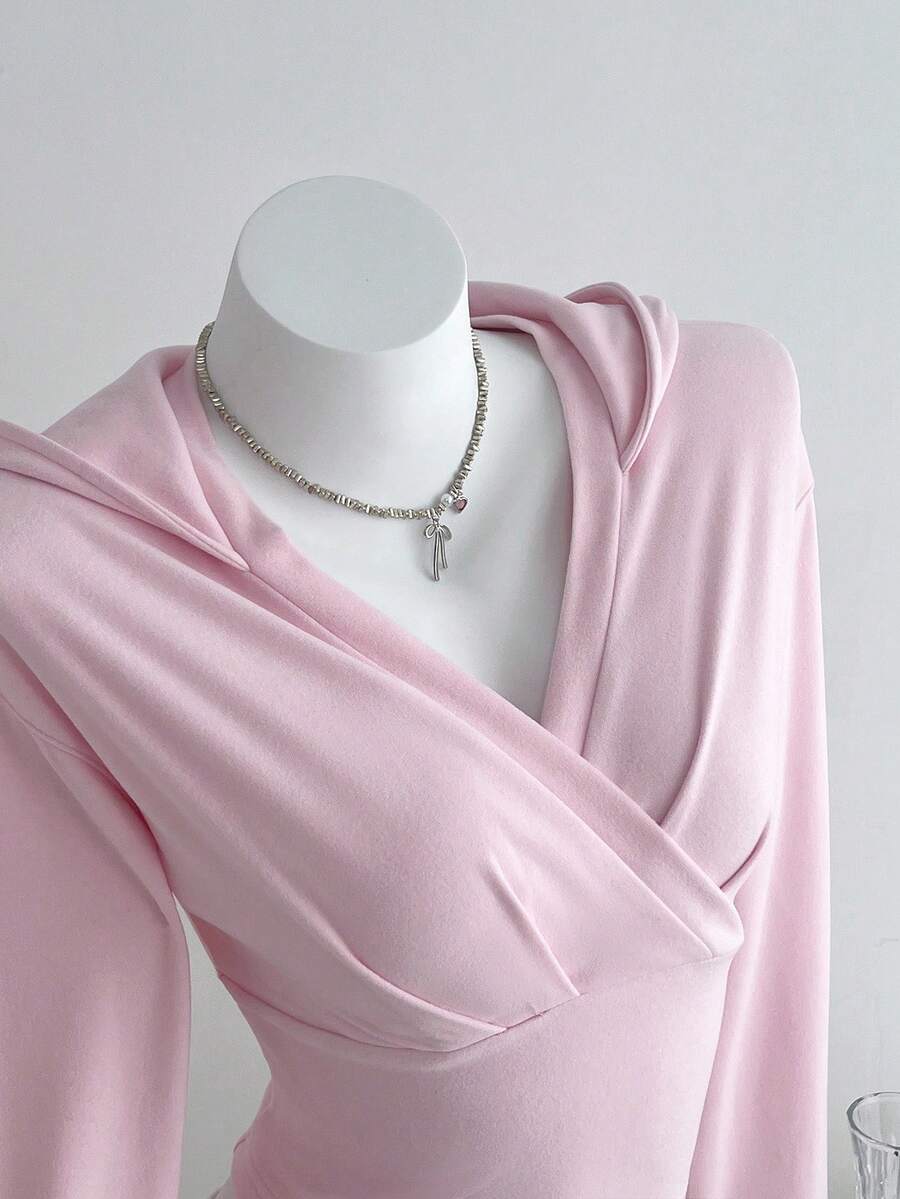 SHEIN Unity 女士深V领卫衣,褶皱腰设计,修身版型,长袖,可爱甜美美式风格,适合秋冬 - 粉色 - 查看 1