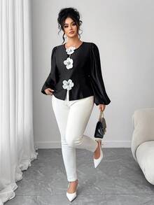 Elenzga Women's Elegant Casual 3D Floral Satin Long Sleeve Blouse