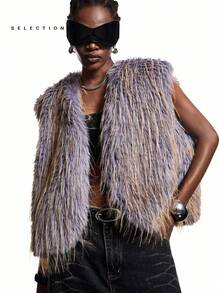 LYSMO Damen Herbst/Winter offene Vorderseite ärmellose Fake-Pelz Modejacke