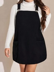 SHEIN LUNE 大码女式黑色灯芯绒连衣裙，带口袋和可调节肩带，女士连衣裙，Barnfit 感恩节服装，女士新年服装，冬季连衣裙，冬季服装，女士狂欢服装，毛衣裙 - 黑色 - 查看 3