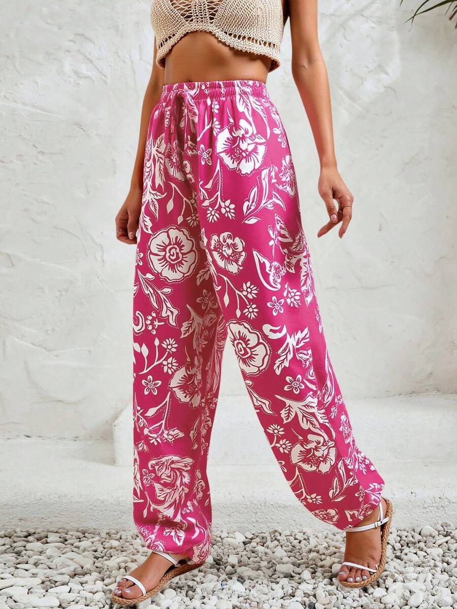 SHEIN Cottnline 花卉和植物印花休閒直腳褲 - 粉色 - 查看 1