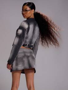 MUSERA Áo khoác denim biker phối nhiều đường may, kiểu dáng gợi cảm, thích hợp mặc đi chơi mùa thu đông, thanh lịch, phong cách dystopian, sành điệu mùa xuân hè. - Xám - Xem 4