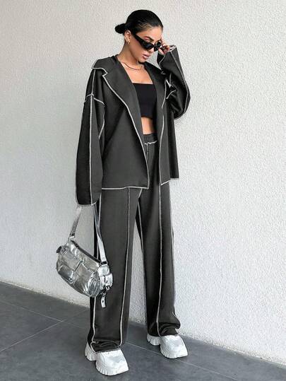 EURMUSE Set 2 buc. top și pantaloni casual cu cusături pentru femei