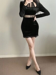 DAZY Women's Fashion Sexy Lace Patchwork Bodycon Dress Prom Dress - Black - View 5