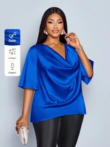 SOLERSUN 大码女式时尚纯色优雅高领蝙蝠袖衬衫，夏季款，尽显优雅气质 - 寶藍色 - 查看 6