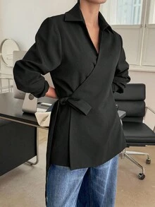 DAZY 女士翻领腰带装饰宽松休闲常规夹克女外套 - 黑色 - 查看 6