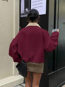 SHEIN EZwear 卡其色超大口袋翻领短款夹克，秋季新品 - 酒紅色 - 查看 2