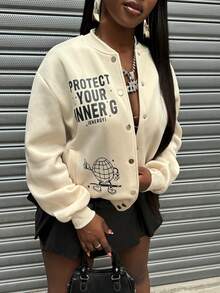 SHEIN Women's Casual Long Sleeve Jacket With Front Button Closure And Letter Print Design - Apricot - View 5