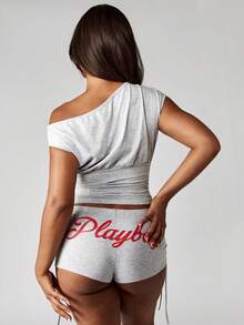 Missguided x Playboy Oversized Cotton Off Shoulder Asymmetric Ruched Cinched Waist Top With Lace Up Side Detail Contemporary Modern Fashion - Grey - View 2
