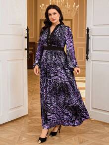 Modelyn Plus Size Fashion Animal Print Notch Neck Dress - Purple - View 6