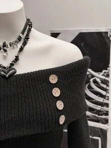 StreetHx 女式街头潮流修身翻领纽扣休闲长袖毛衣裙