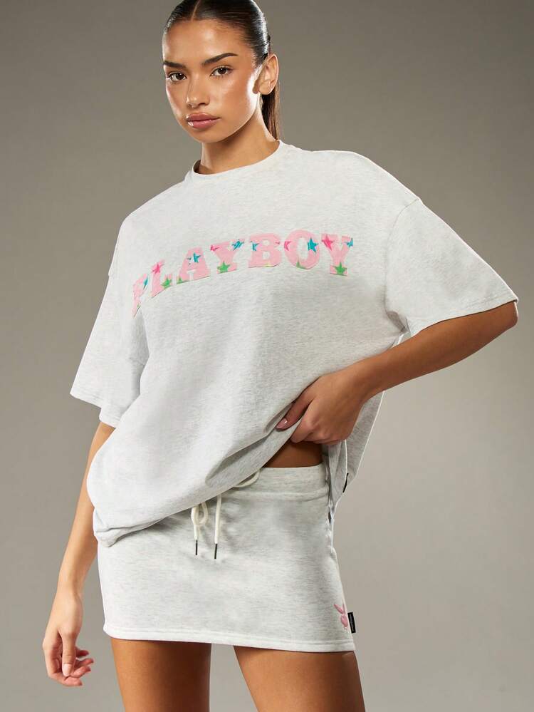 Missguided x Playboy Varsity Style Applique T-Shirt Cotton Oversize Summer Streetwear Fashion Casual Loungewear Star Design