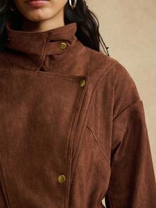 Easelle Women's Vintage Dark Brown Front Button Stand Collar Woven Jacket, Autumn Winter Clothes For Women - Brown - View 9