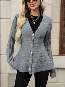 EMERY ROSE Femmes Mode Col V Design Croisé Taille A-Line Cardigan Pull, Cardigan Gris Polyvalent Femmes Cardigan Boutonnage Cardigan Boutons Perle Cardigan Gris Peplum Cardigan Pull D'hiver Femmes Automne Pour Femmes Hiver Pour Femmes Sortie - Gris - Voir 8