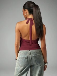 MISSGUIDED 优雅高领露背吊带无袖褶皱侧边垂褶露背休闲派对晚宴夏日夜间外出短款上衣圣诞节 - 酒紅色 - 查看 2