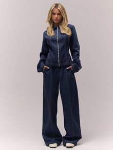 MUSERA 水洗漂白宽松牛仔裤（仅裤子）秋季复古乡村风返校休闲居家牛仔裤，女款奶油糖色 - 深色水洗藍 - 查看 1