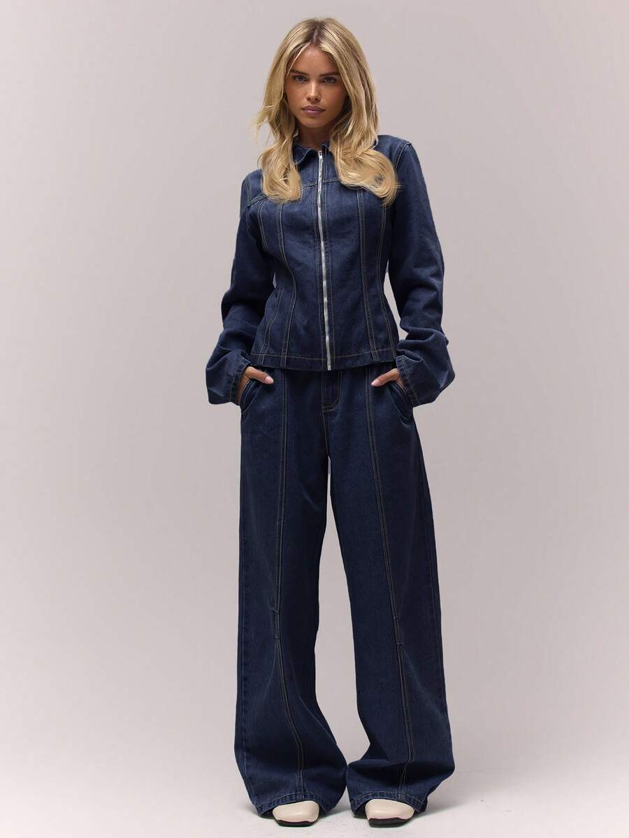 MUSERA 水洗漂白宽松牛仔裤（仅裤子）秋季复古乡村风返校休闲居家牛仔裤，女款奶油糖色 - 深色水洗藍 - 查看 1