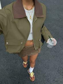 Muchica Khaki Oversized Pocket Turndown Collar Short Jacket, Autumn New Arrival - Army Green - View 5
