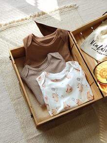 Vintaside Kids 男婴秋冬三件套连体衣，罗纹小熊印花，针织面料，信封领，长袖，按扣下摆，休闲可爱秋季装扮 - 彩色 - 查看 3