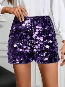 Gownix Pantalones cortos sueltos con cintura elástica y lentejuelas para mujer - Morado - Ver 3