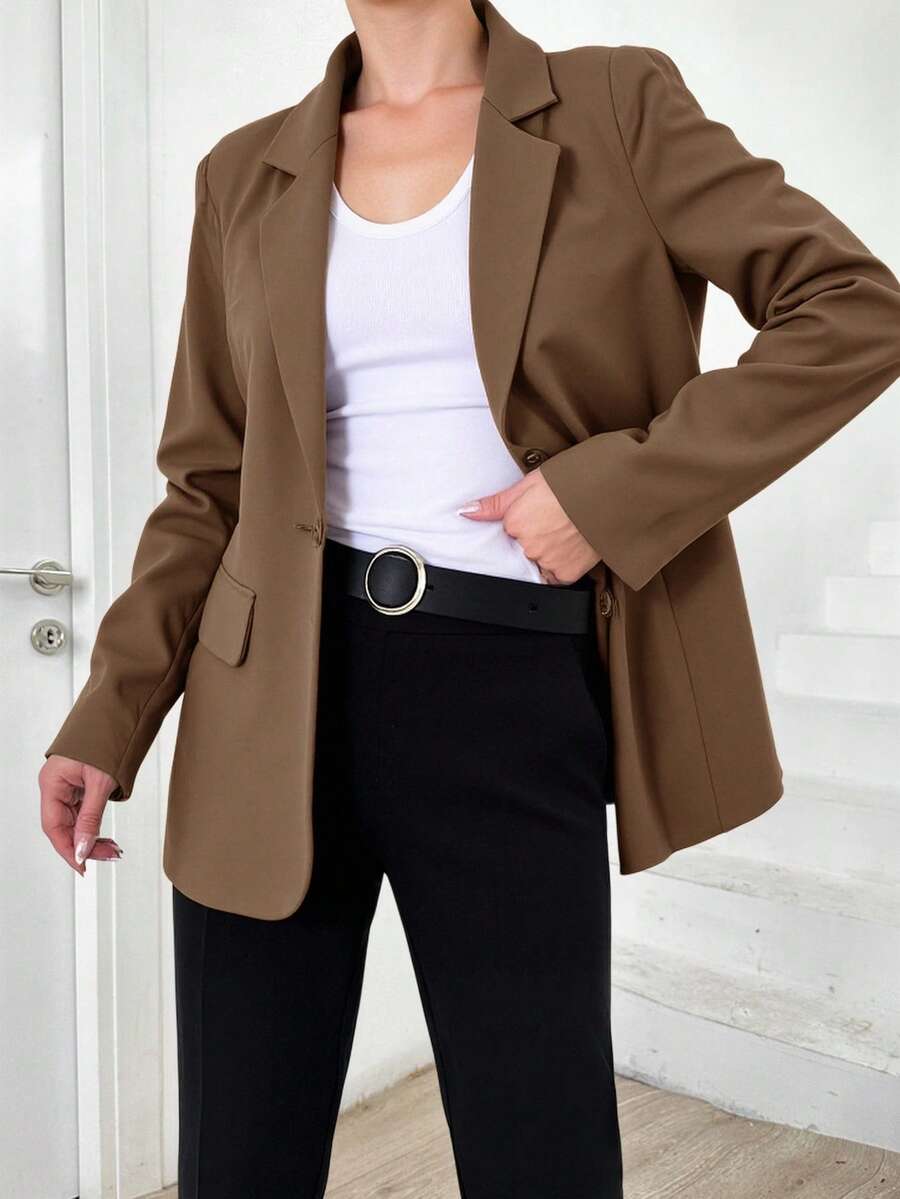 EURMUSE Women's Solid Color Suit Lapel Collar Daily Jacket - Camel - View 1