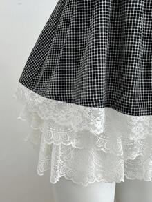 Elamini Áo ống viền ren kèm khăn choàng kẻ caro - màu đen - Xem 5