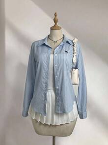 Elamini 1 pieza Camisa de mujer casual de manga larga con botones, estampado de rayas y bordado, estilo minimalista para uso diario, primavera/otoño - Azul - Ver 10